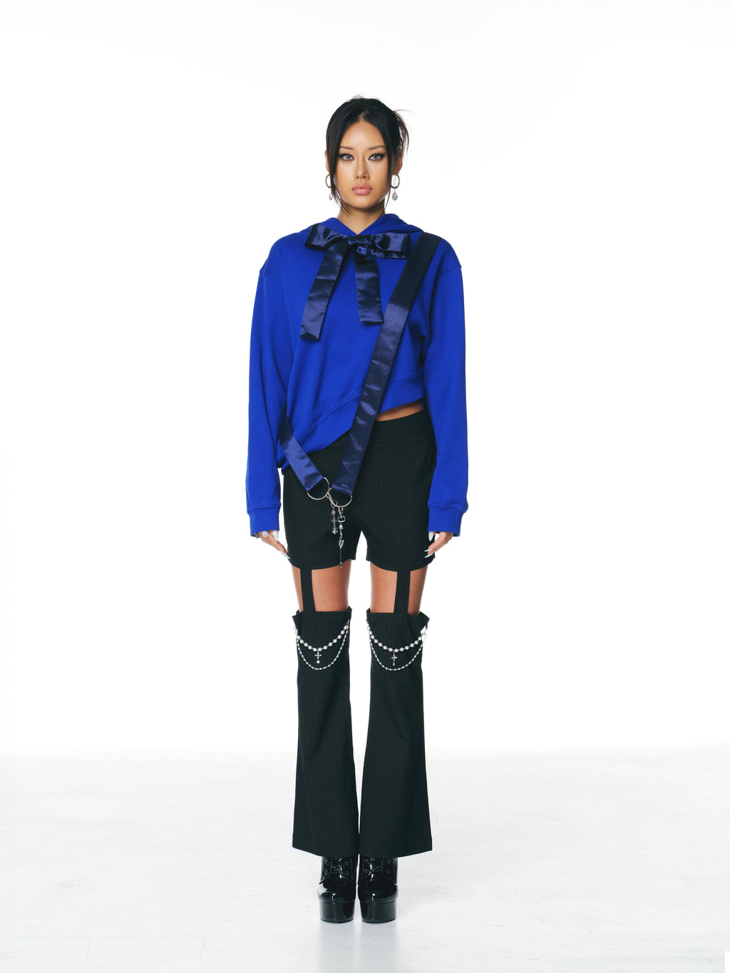 [Yusuki] Asymmetric Ribbon Hoodie (Blue)
