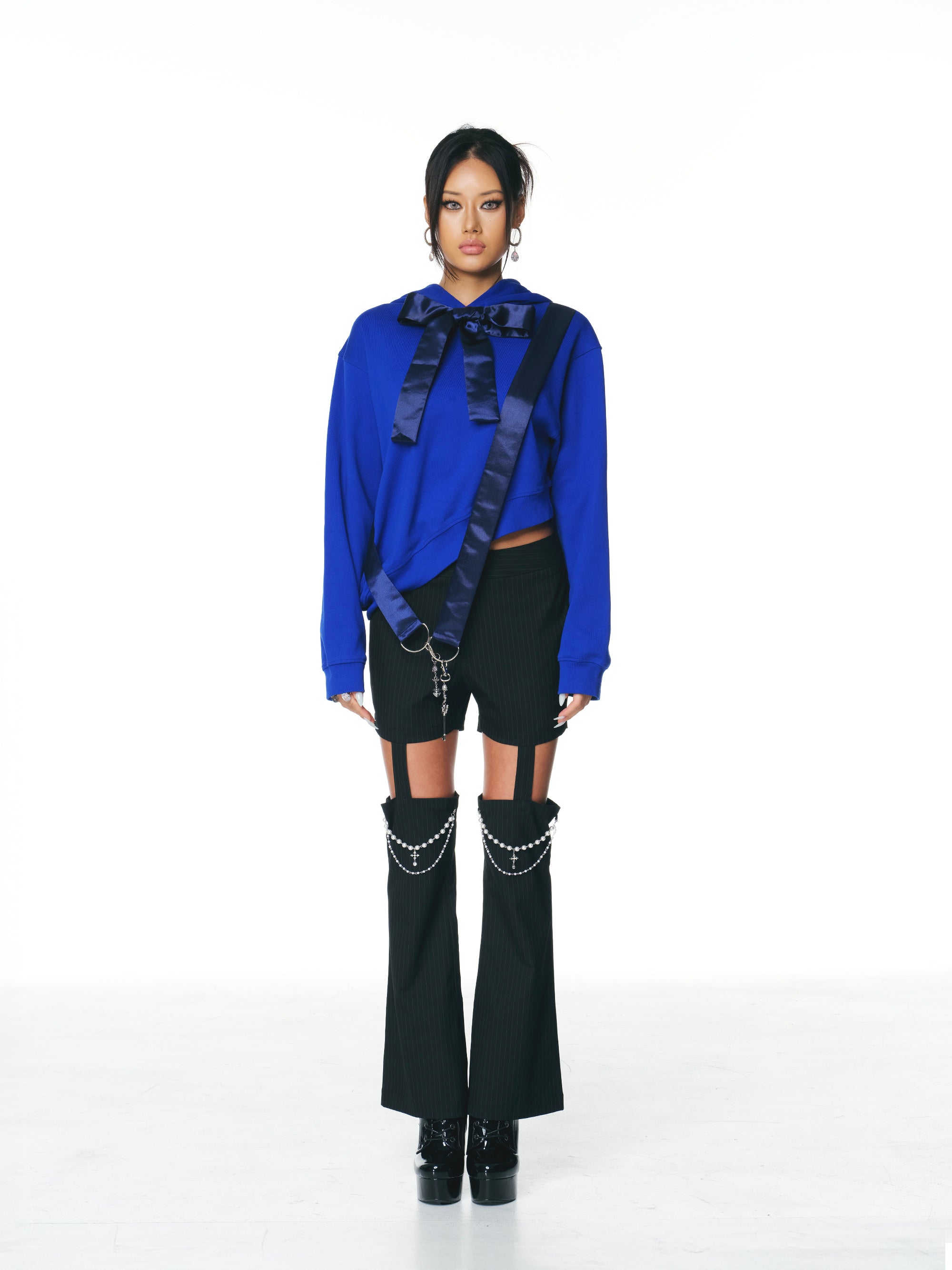 [Yusuki] Asymmetric Ribbon Hoodie (Blue)