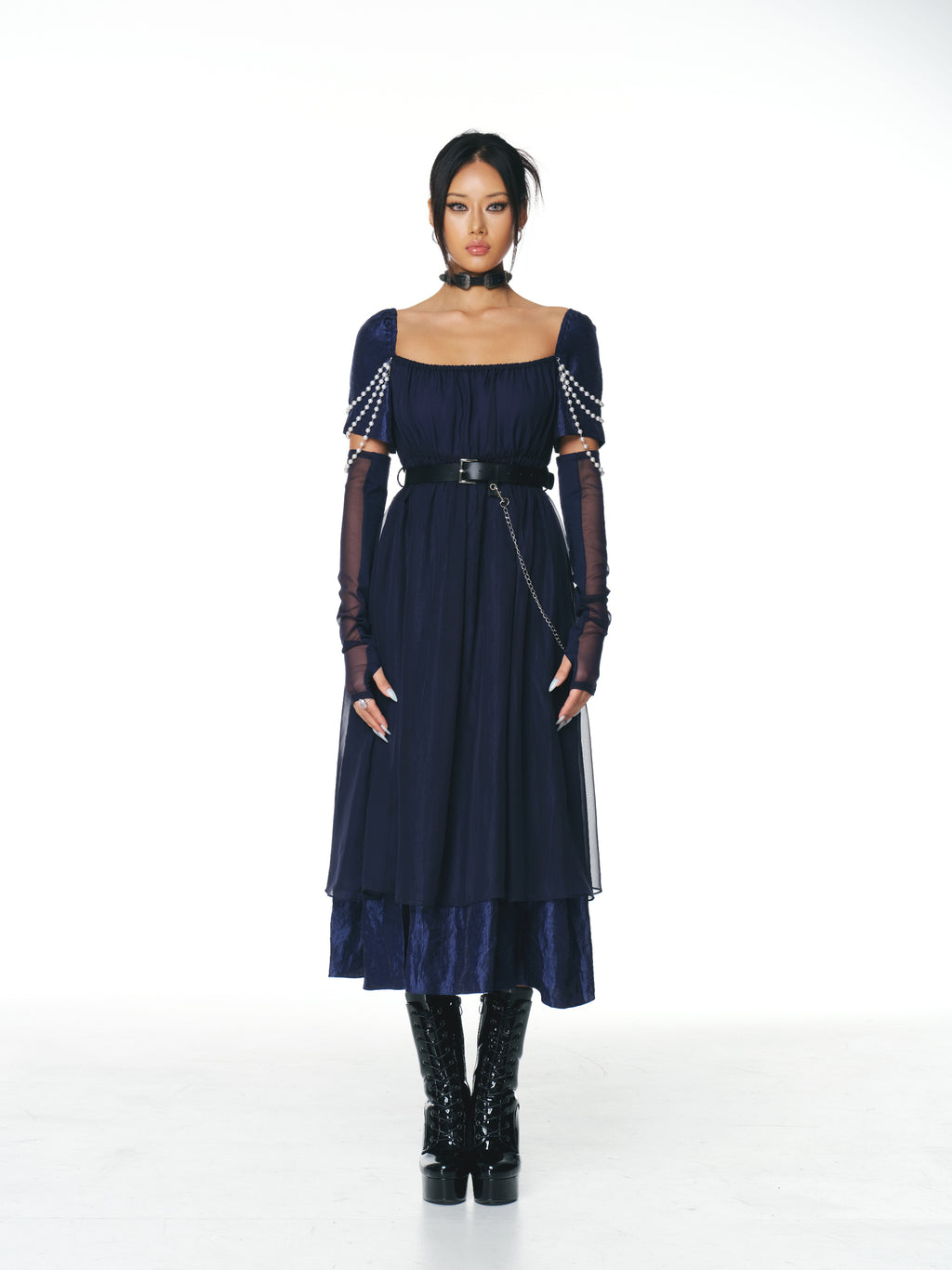 [Yusuki] Layered Dress with Pearls (Navy)