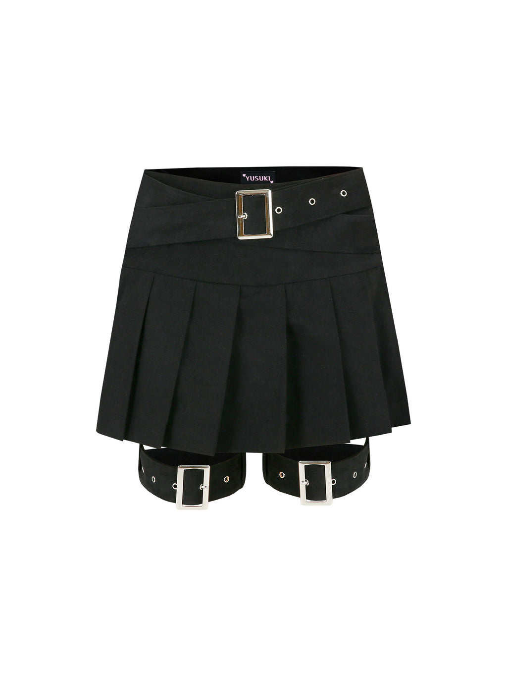 [Yusuki] Pleated Skirt with Belts (Black)