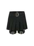 [Yusuki] Pleated Skirt with Belts (Black)