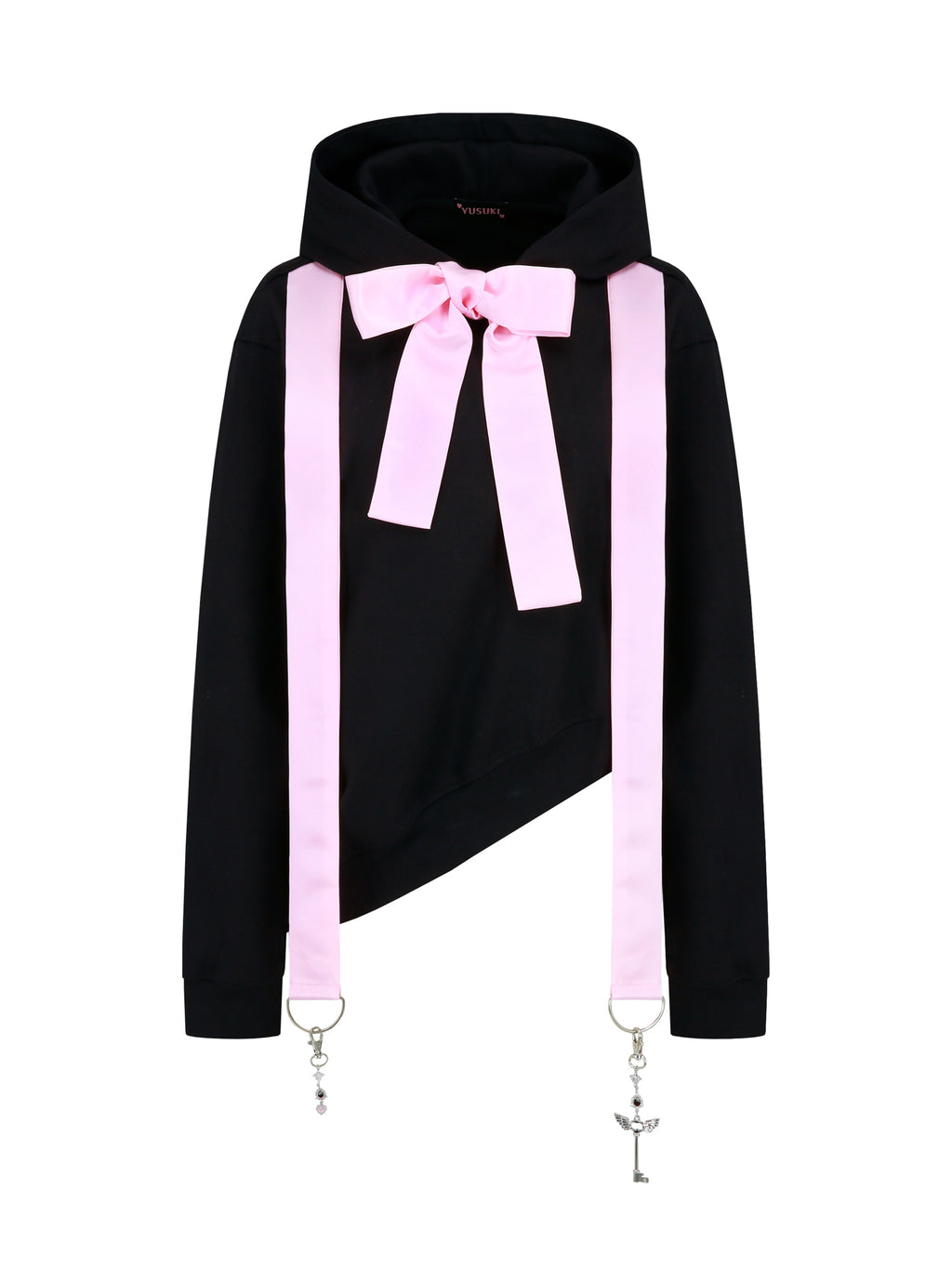 [Yusuki] Asymmetric Ribbon Hoodie (Black)