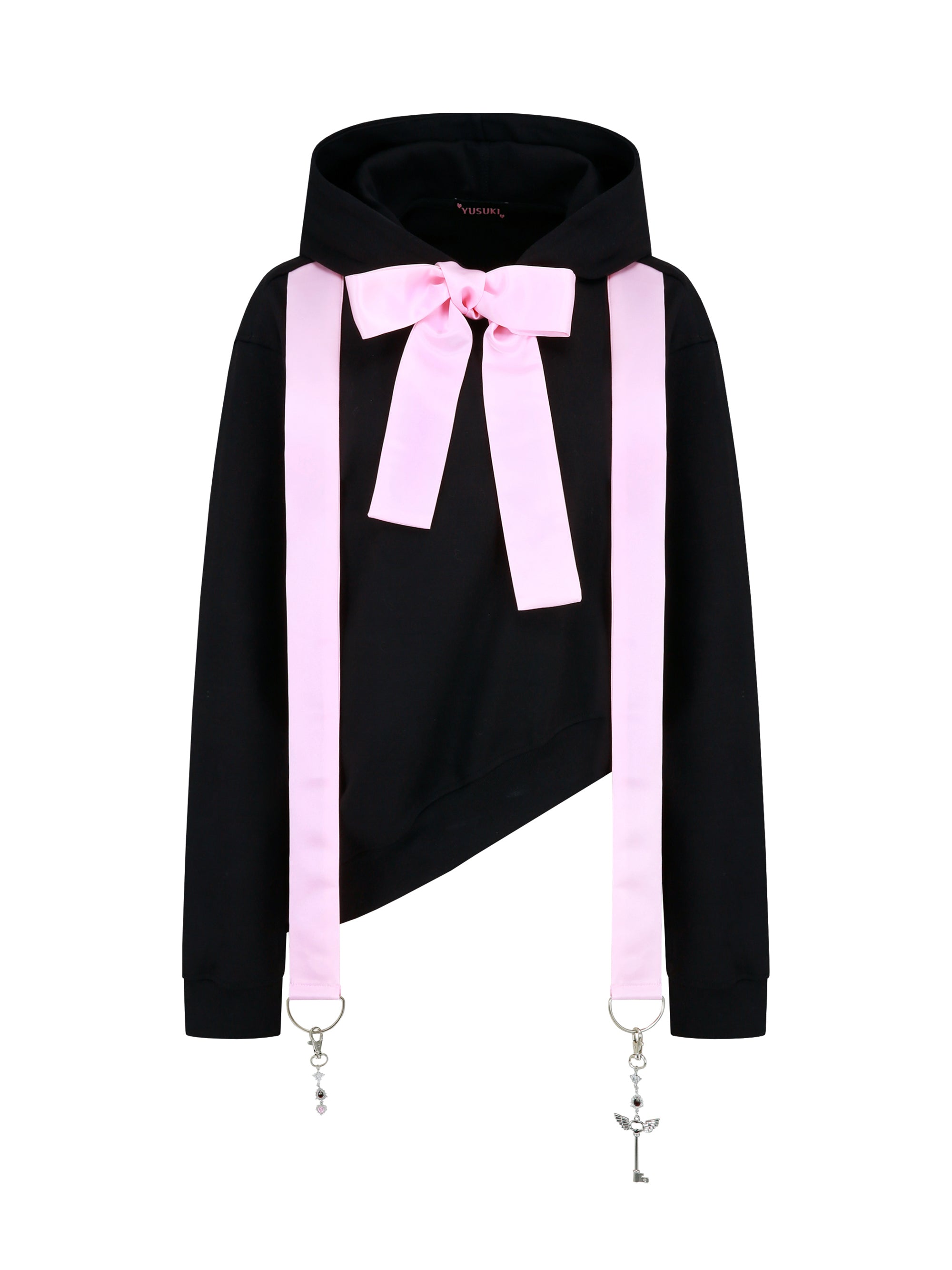 [Yusuki] Asymmetric Ribbon Hoodie (Black)