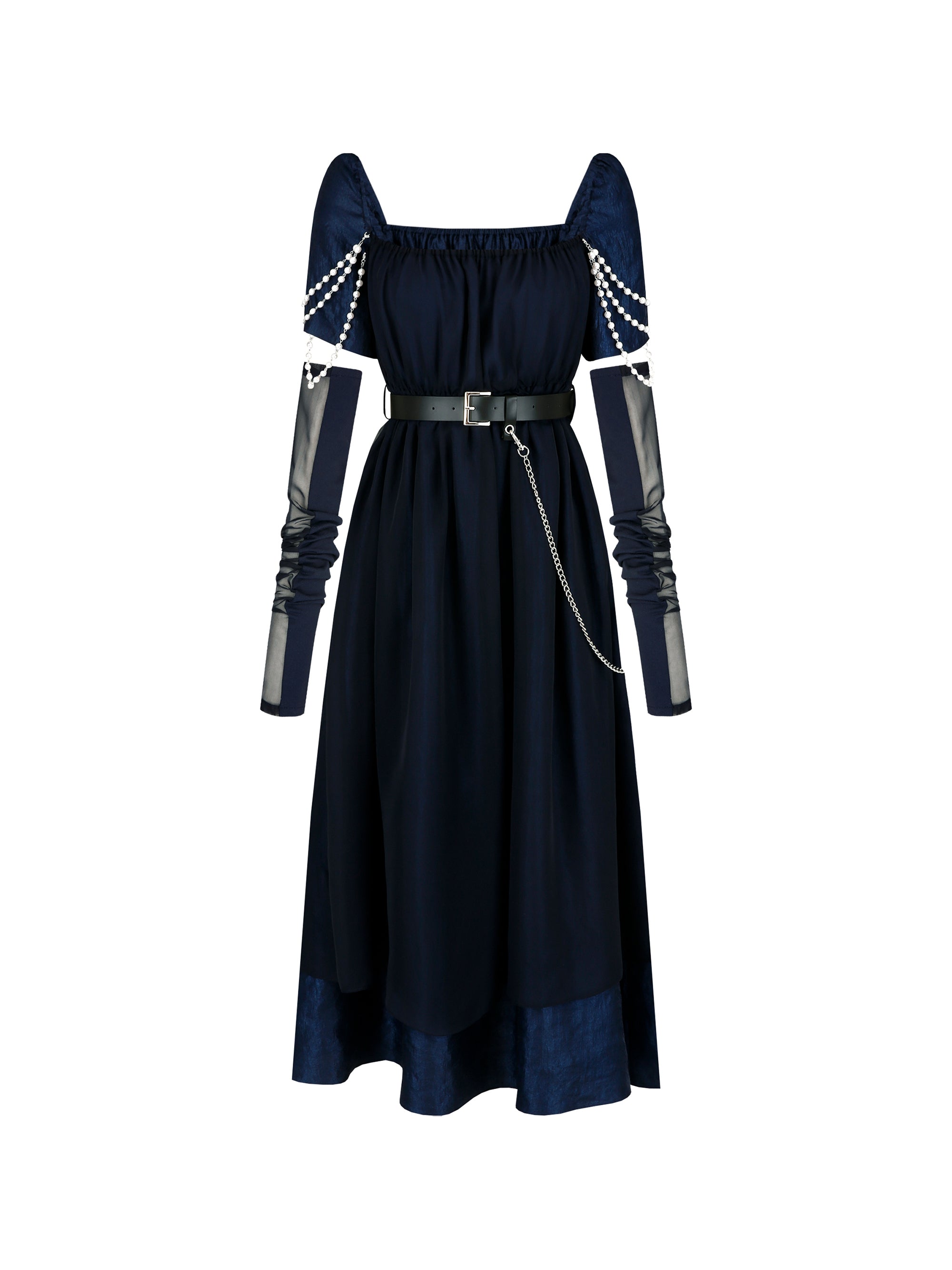 [Yusuki] Layered Dress with Pearls (Navy)