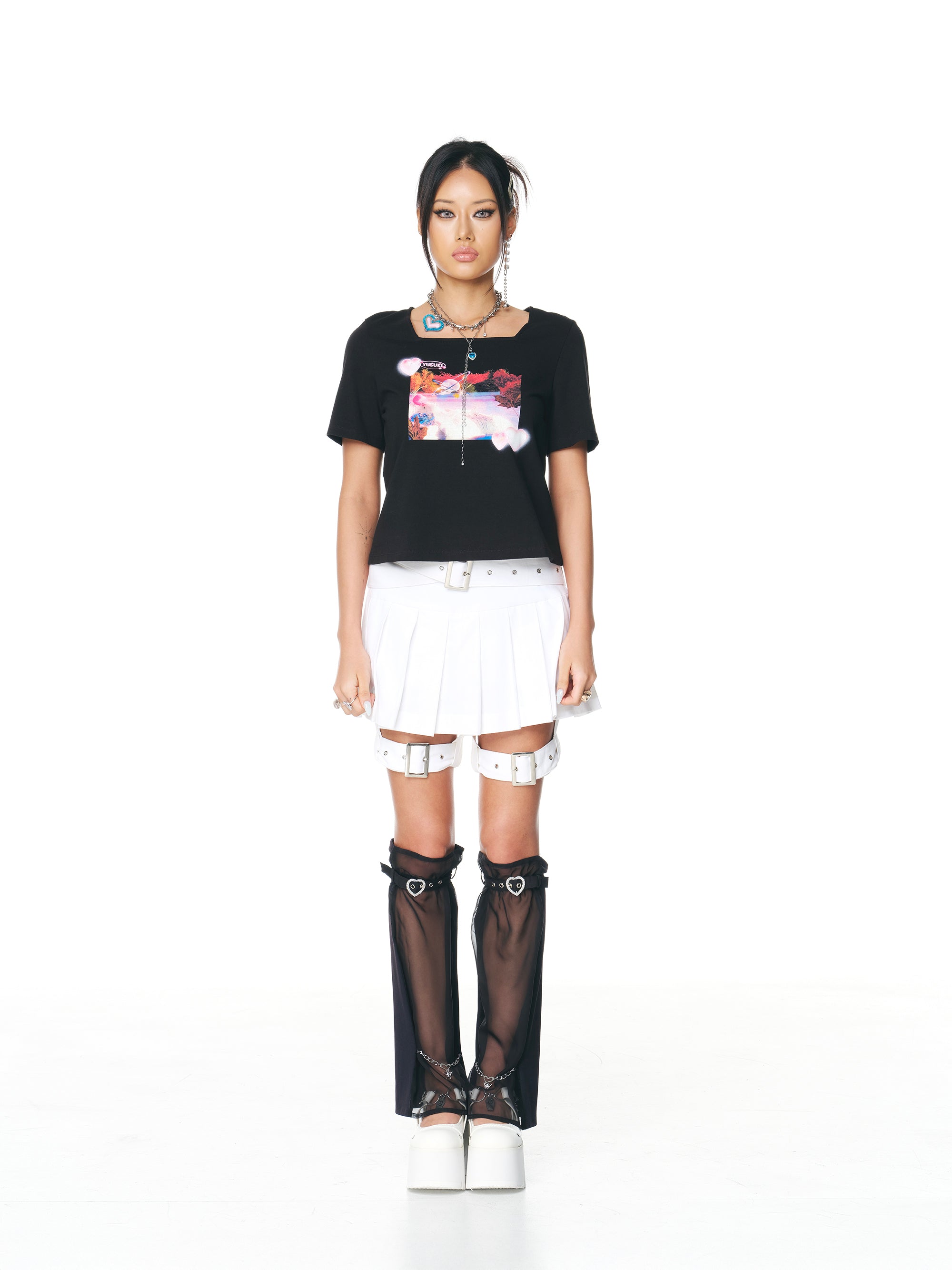 [Yusuki] Pleated Skirt with Belts (White)