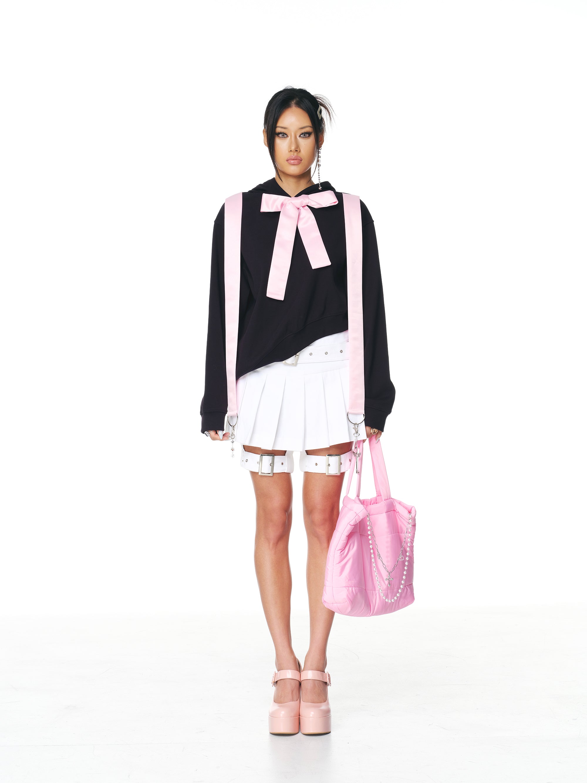 [Yusuki] Asymmetric Ribbon Hoodie (Black)