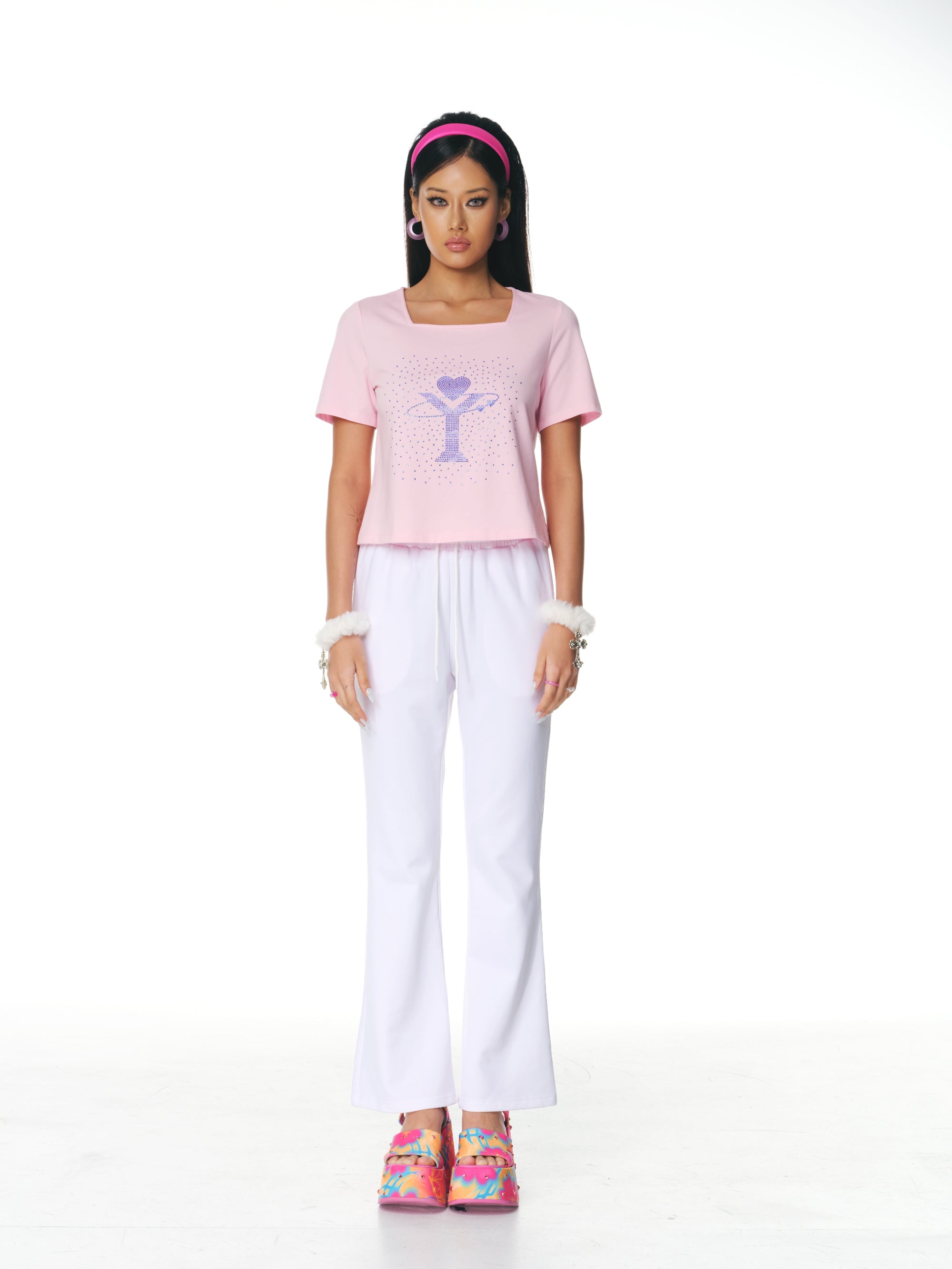 [Yusuki] Logo Rhinestone T-Shirt (Pink)