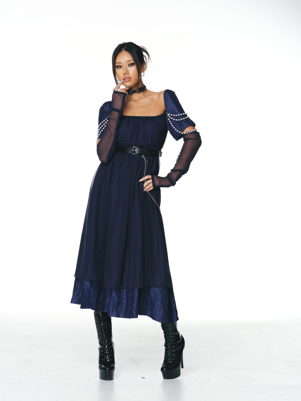 [Yusuki] Layered Dress with Pearls (Navy)
