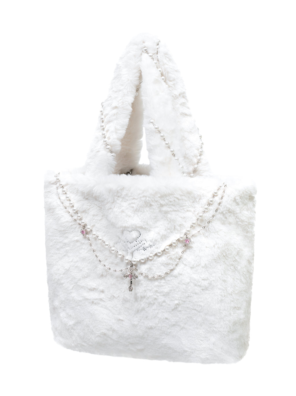 [Yusuki] Faux Fur Tote Bag with Handmade Chains (White)