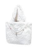 [Yusuki] Faux Fur Tote Bag with Handmade Chains (White)