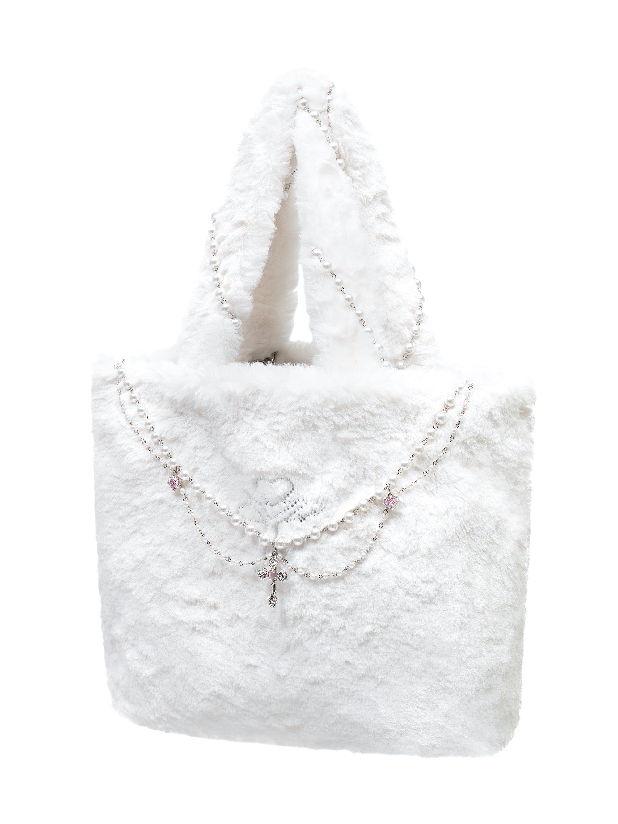 [Yusuki] Faux Fur Tote Bag with Handmade Chains (White)