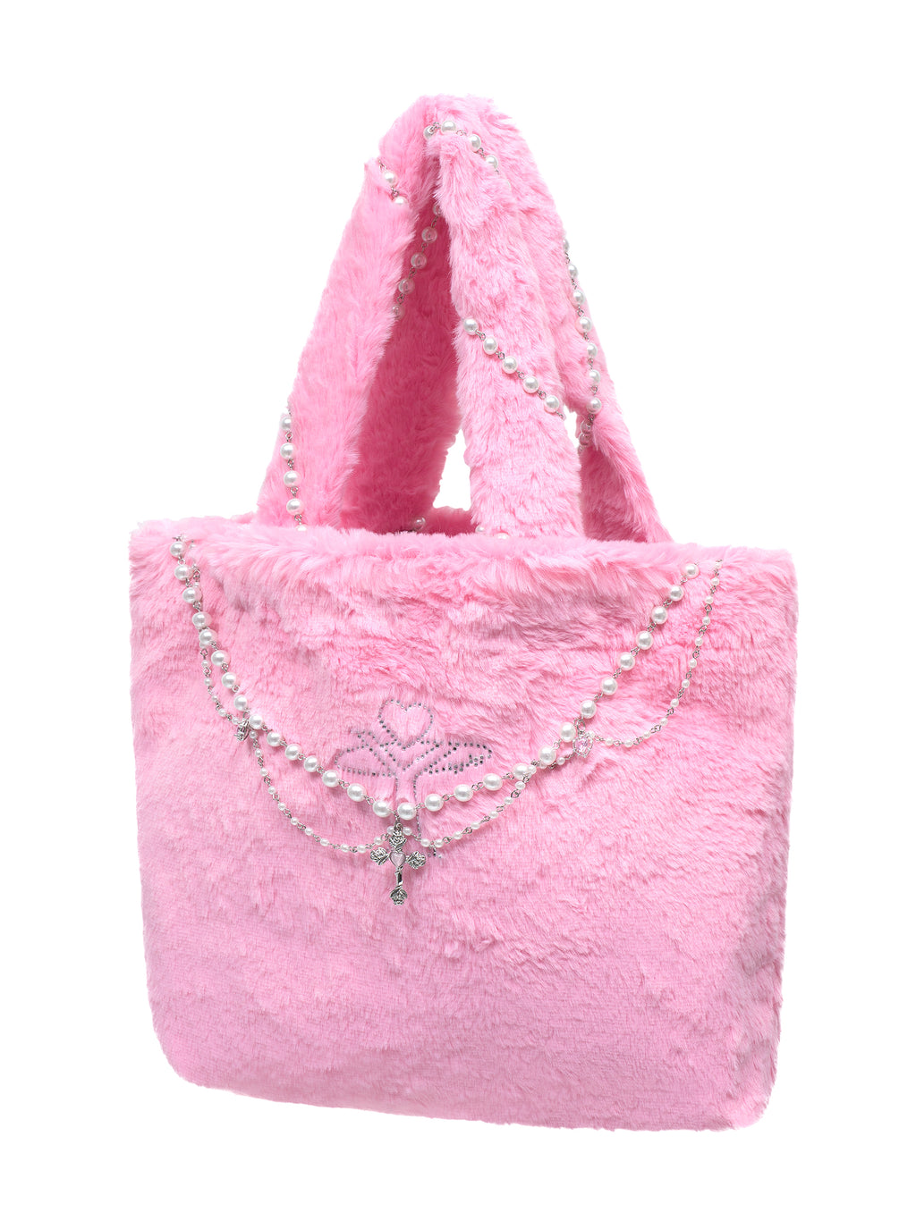 [Yusuki] Faux Fur Tote Bag with Handmade Chains (Pink)