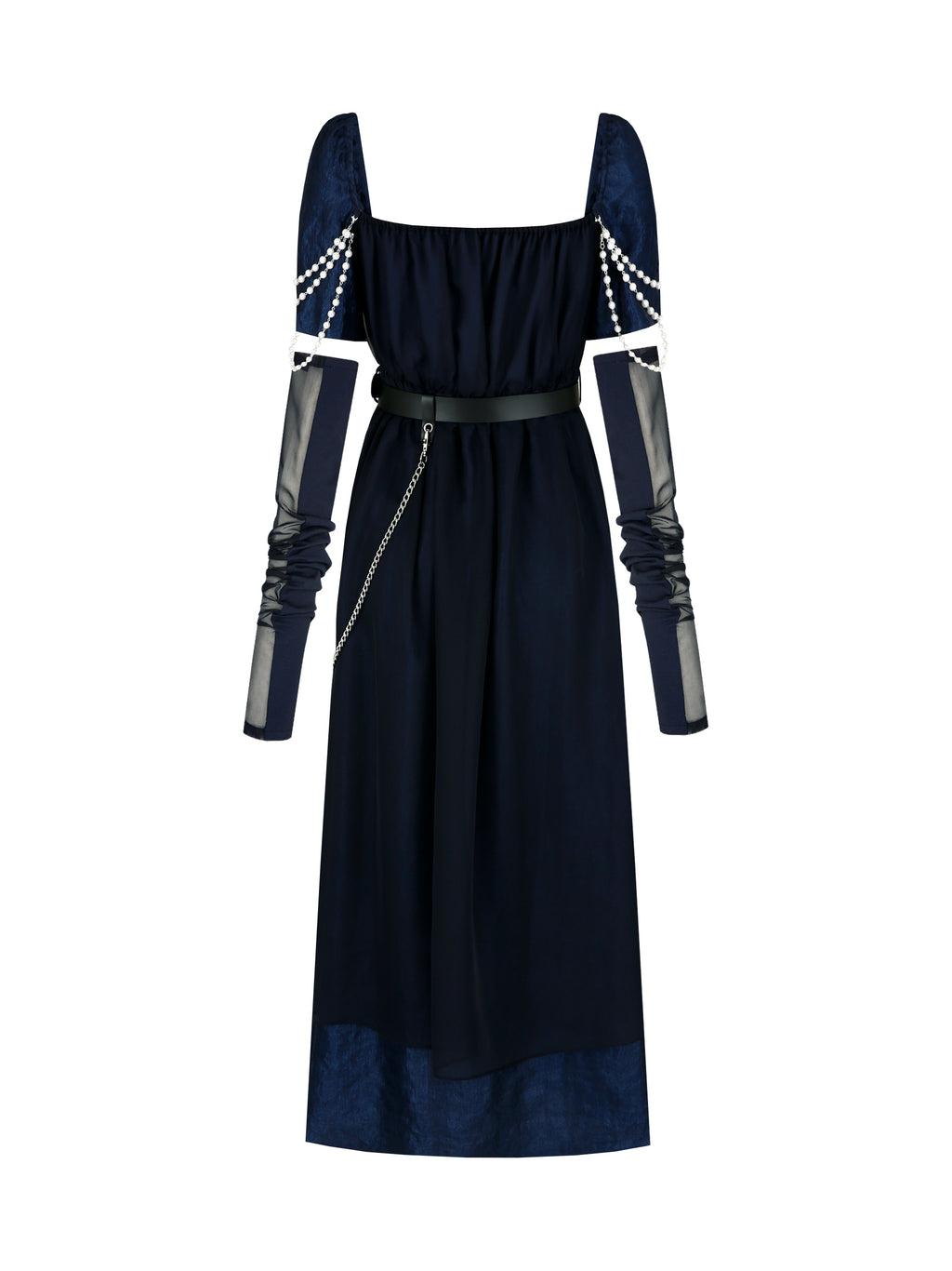[Yusuki] Layered Dress with Pearls (Navy)