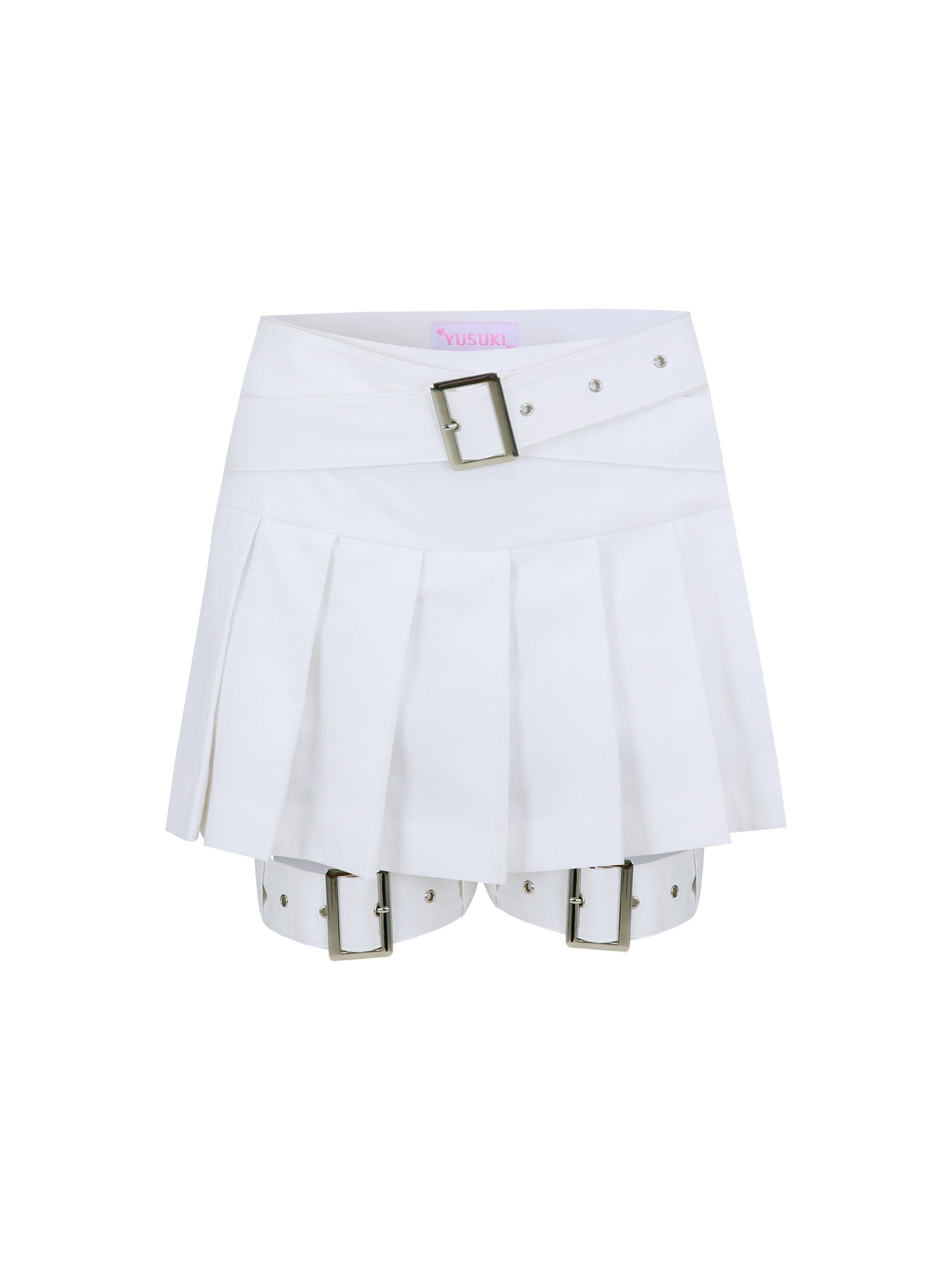 [Yusuki] Pleated Skirt with Belts (White)