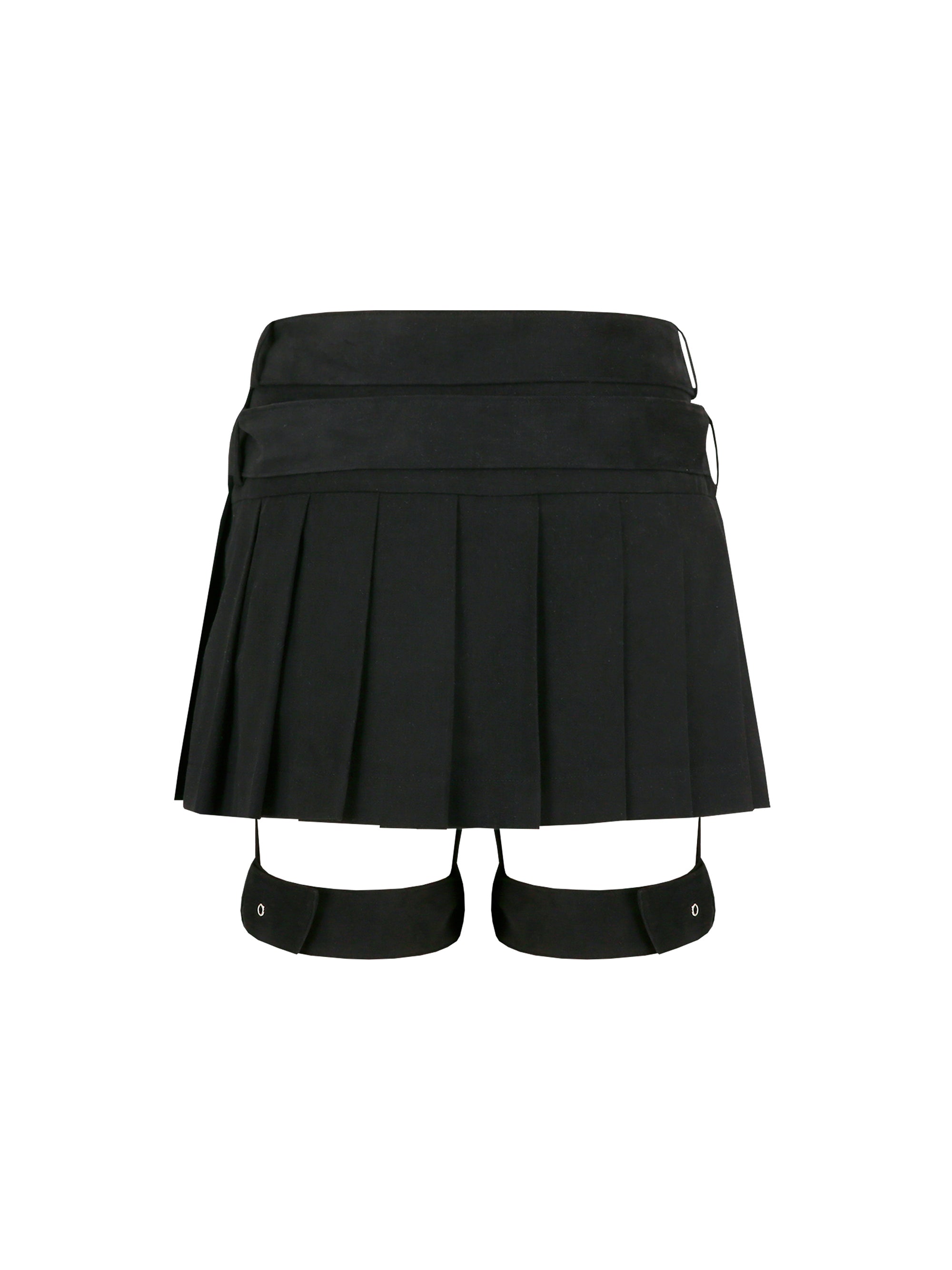 [Yusuki] Pleated Skirt with Belts (Black)