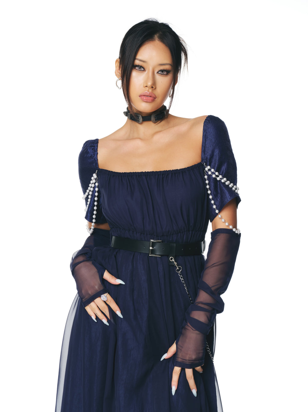 [Yusuki] Layered Dress with Pearls (Navy)