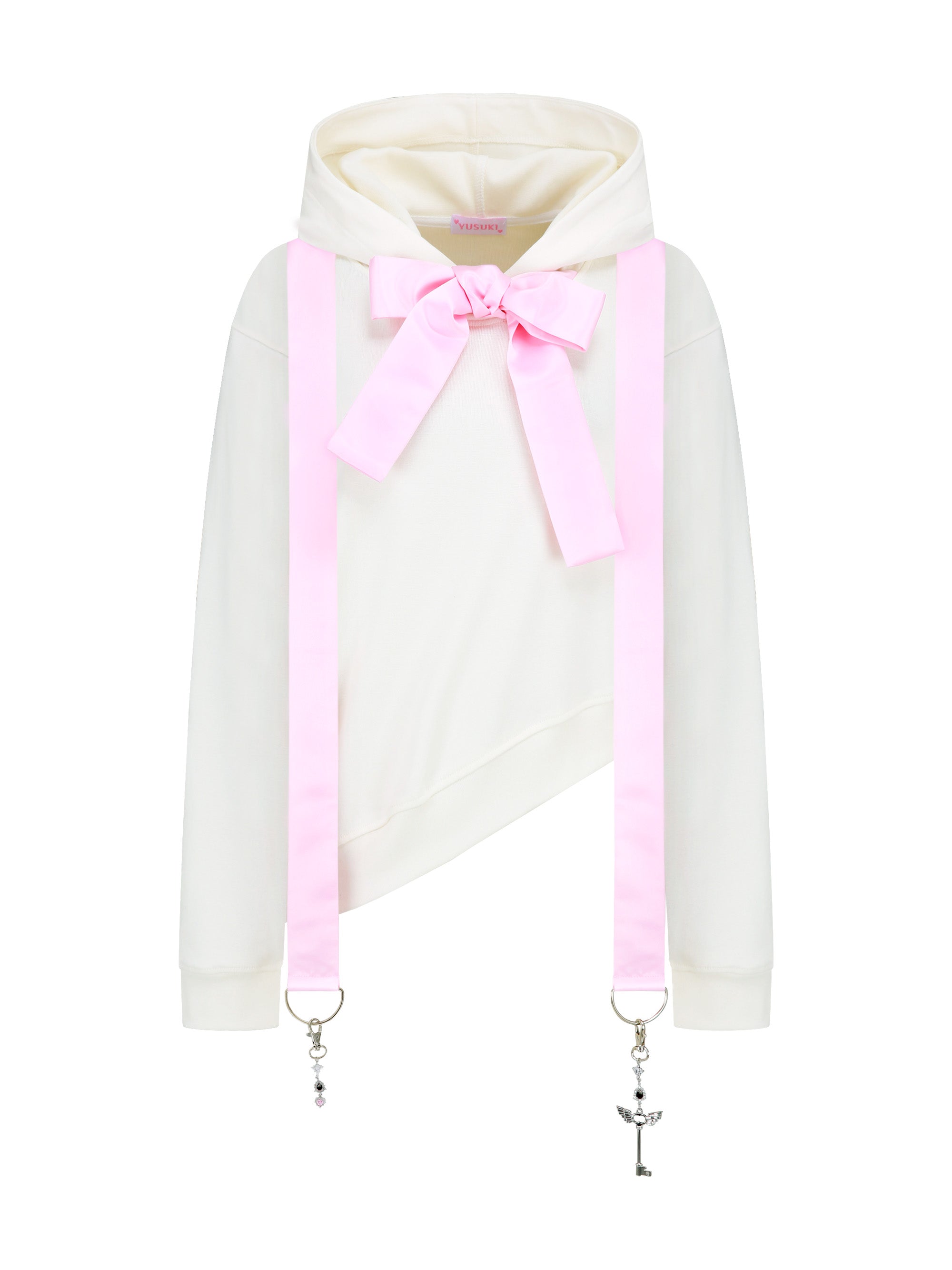 [Yusuki] Asymmetric Ribbon Hoodie (Ivory)