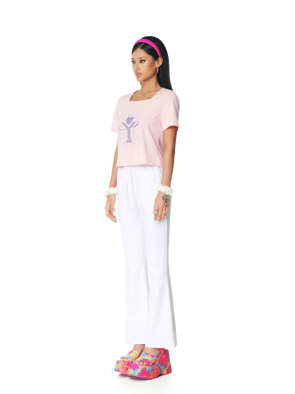 [Yusuki] Logo Rhinestone T-Shirt (Pink)