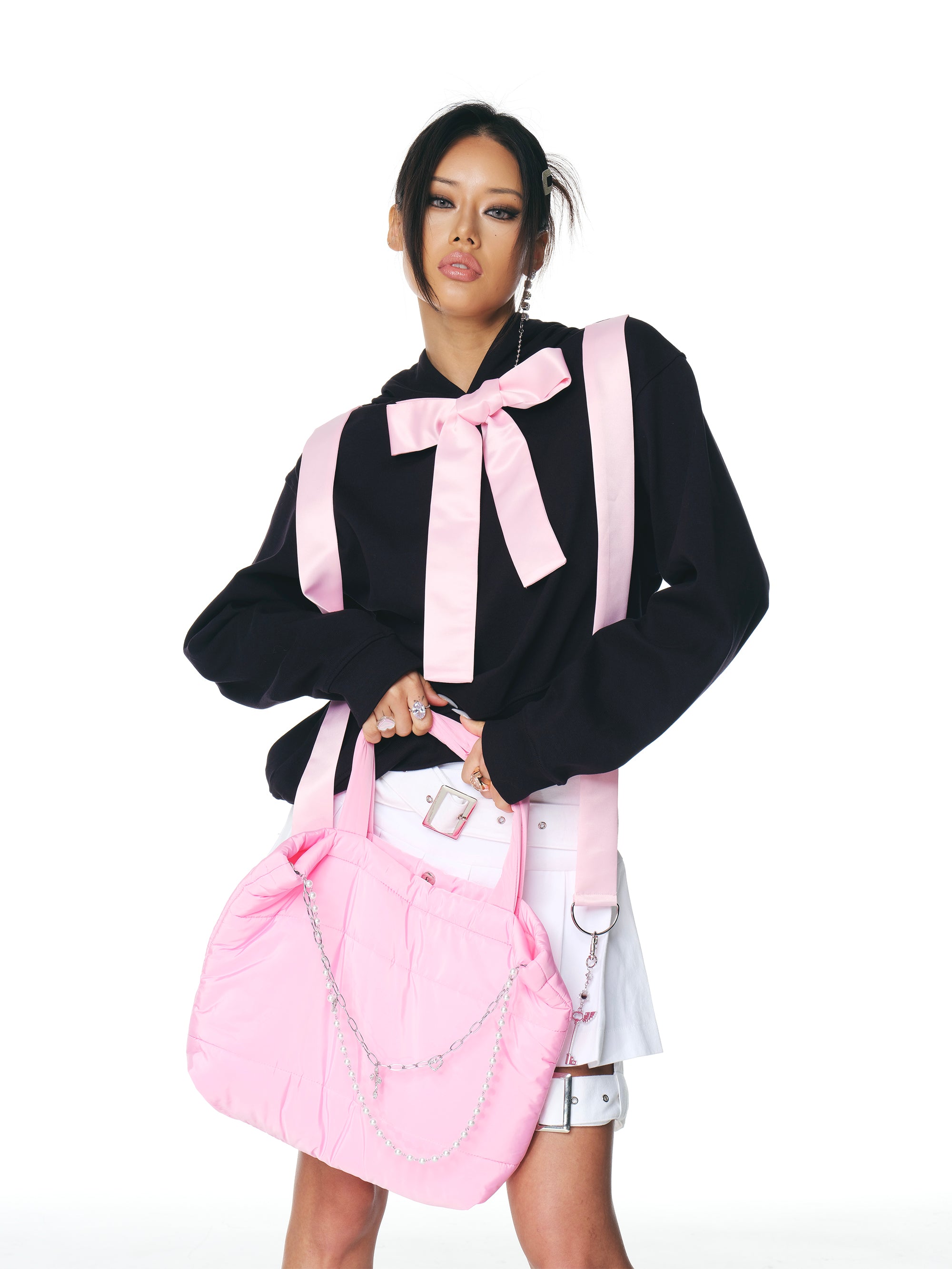 [Yusuki] Asymmetric Ribbon Hoodie (Black)