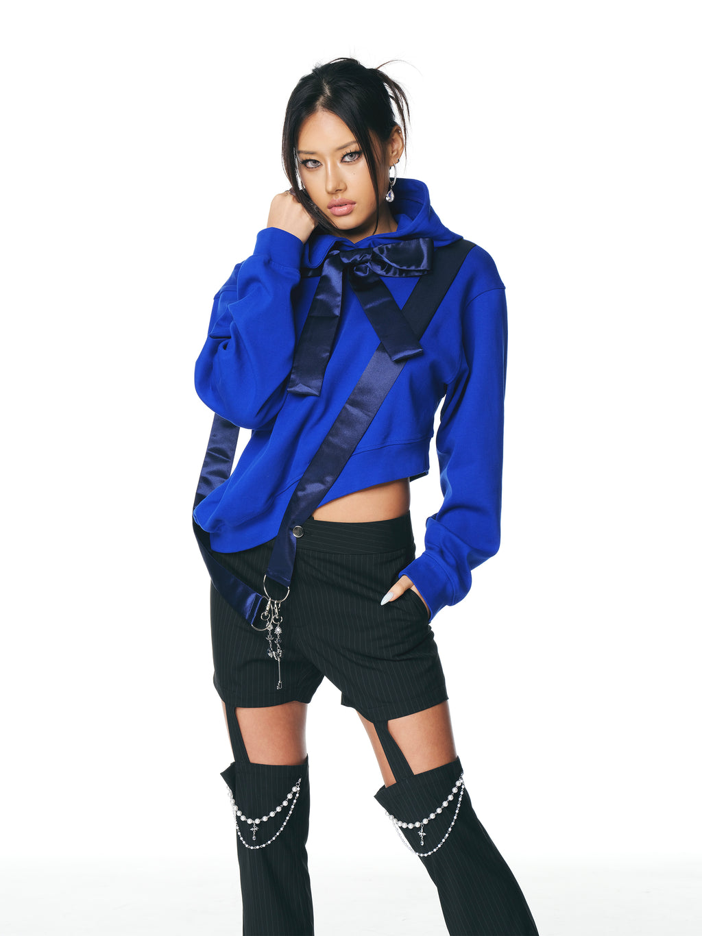[Yusuki] Asymmetric Ribbon Hoodie (Blue)