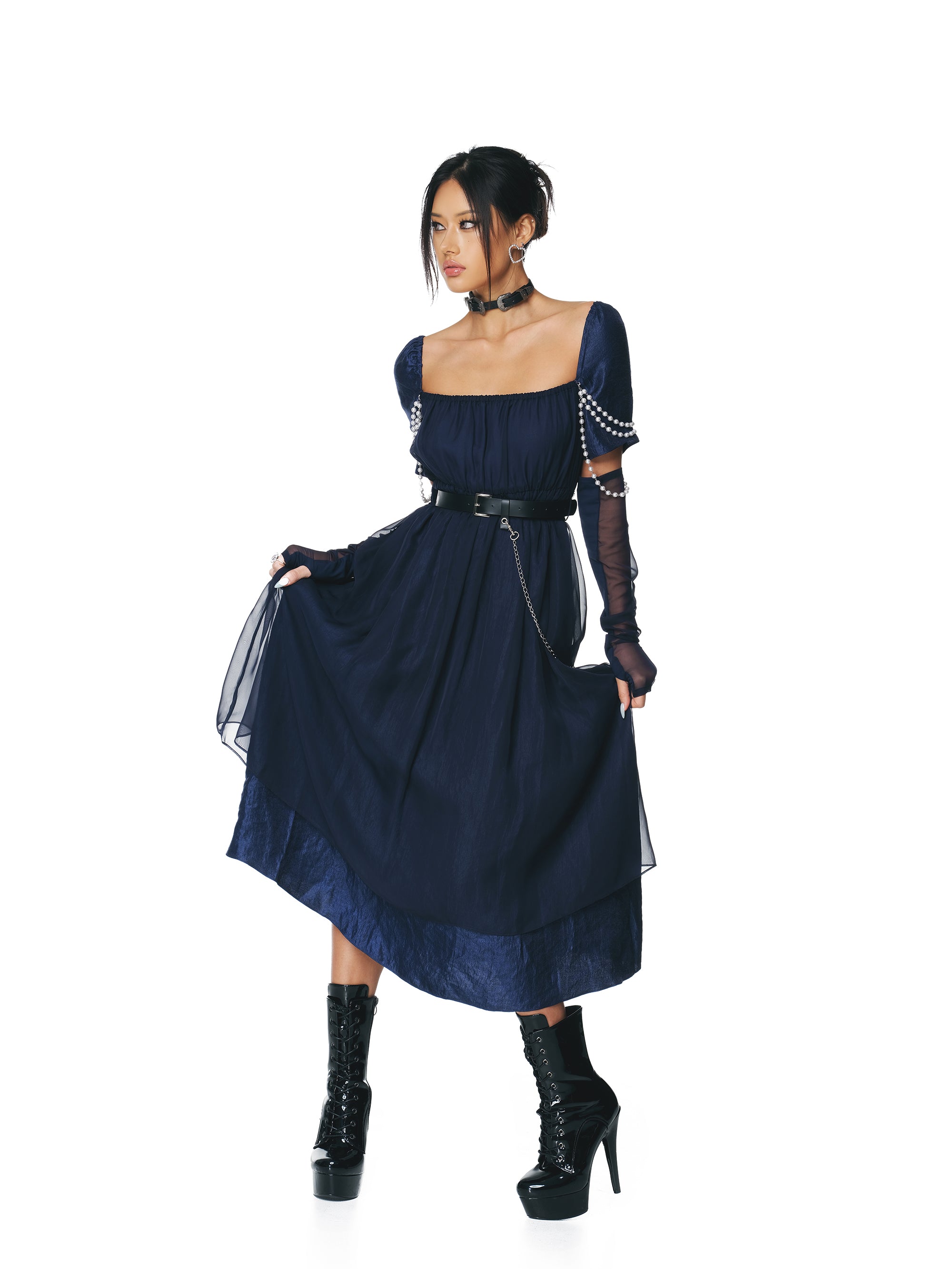 [Yusuki] Layered Dress with Pearls (Navy)
