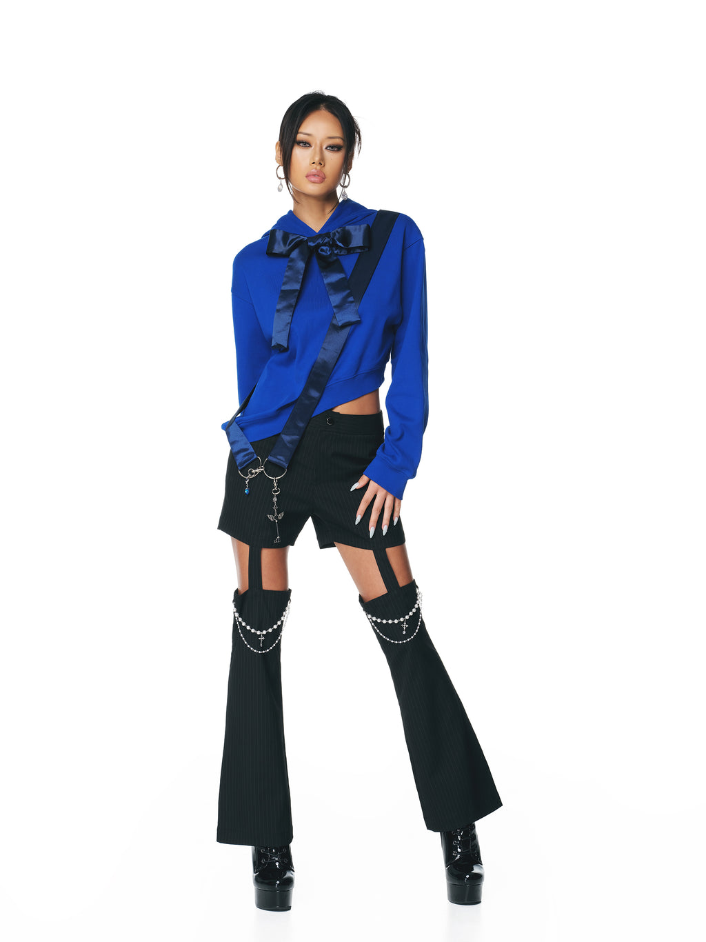 [Yusuki] Asymmetric Ribbon Hoodie (Blue)