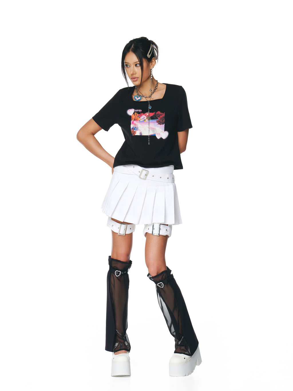 [Yusuki] Pleated Skirt with Belts (White)